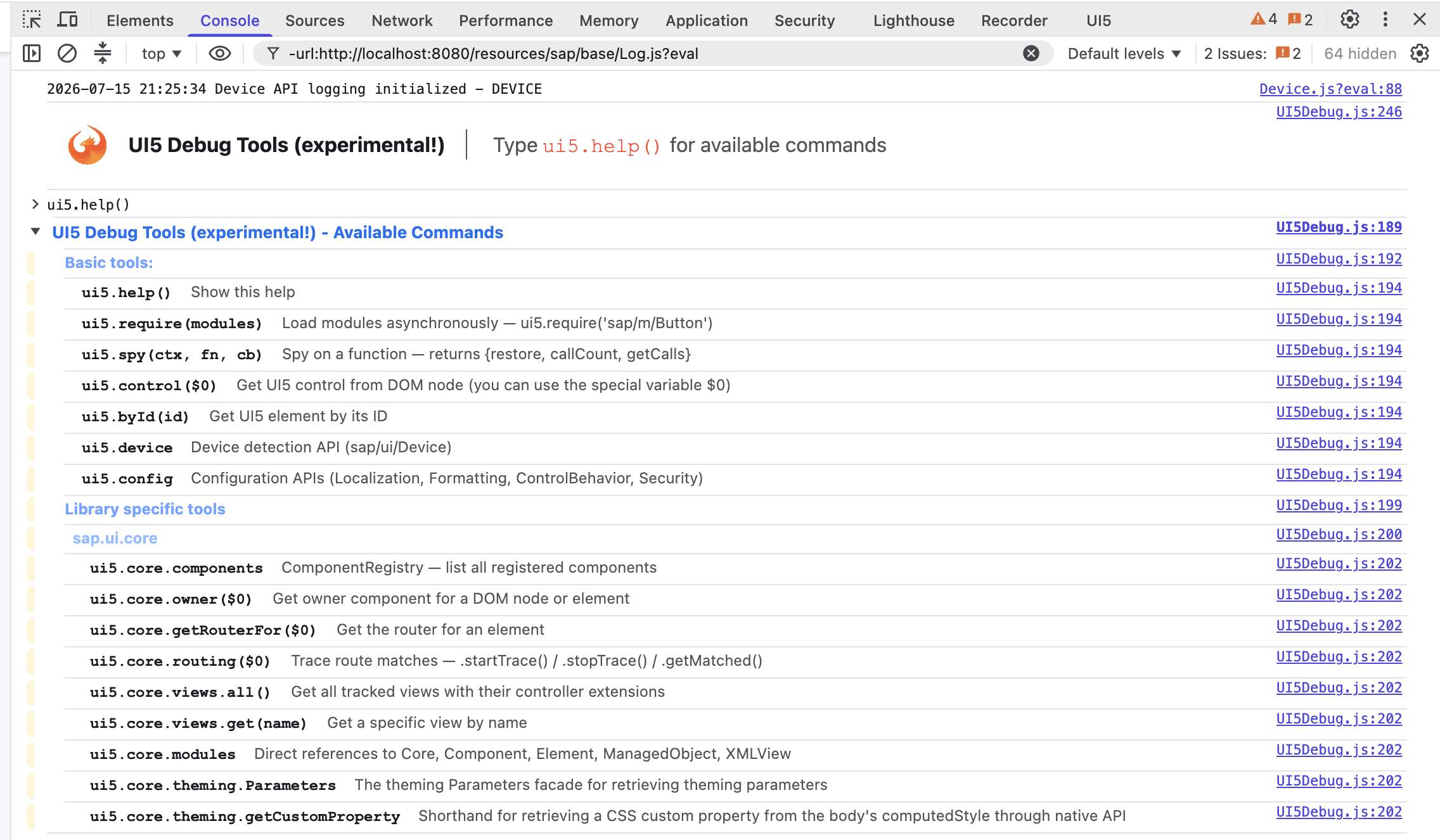 Browser console showing the output of ui5.help() with the available UI5 Debug Tools commands