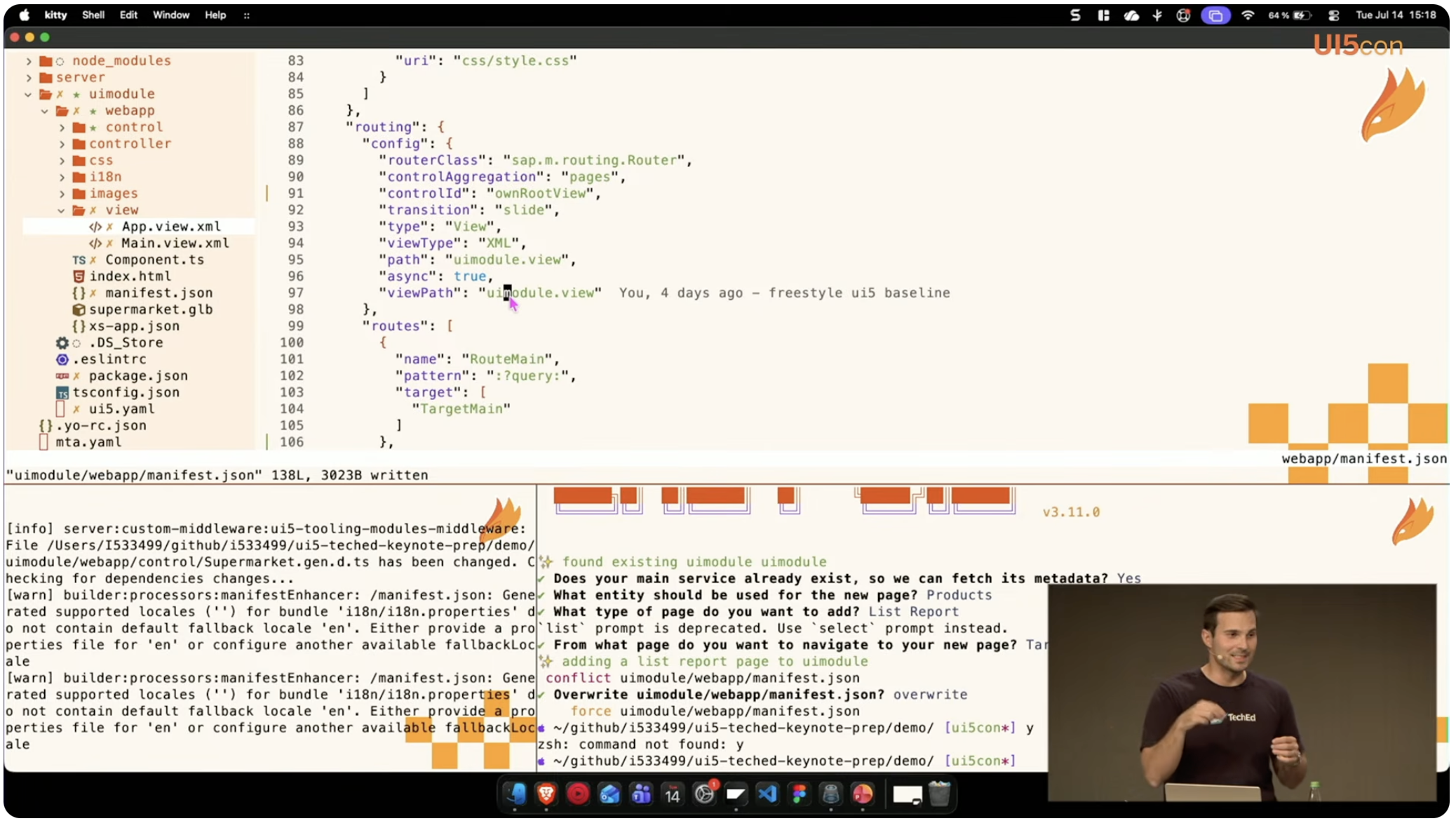 Nico Schönteich presenting on stage with his custom UI5con Neovim theme