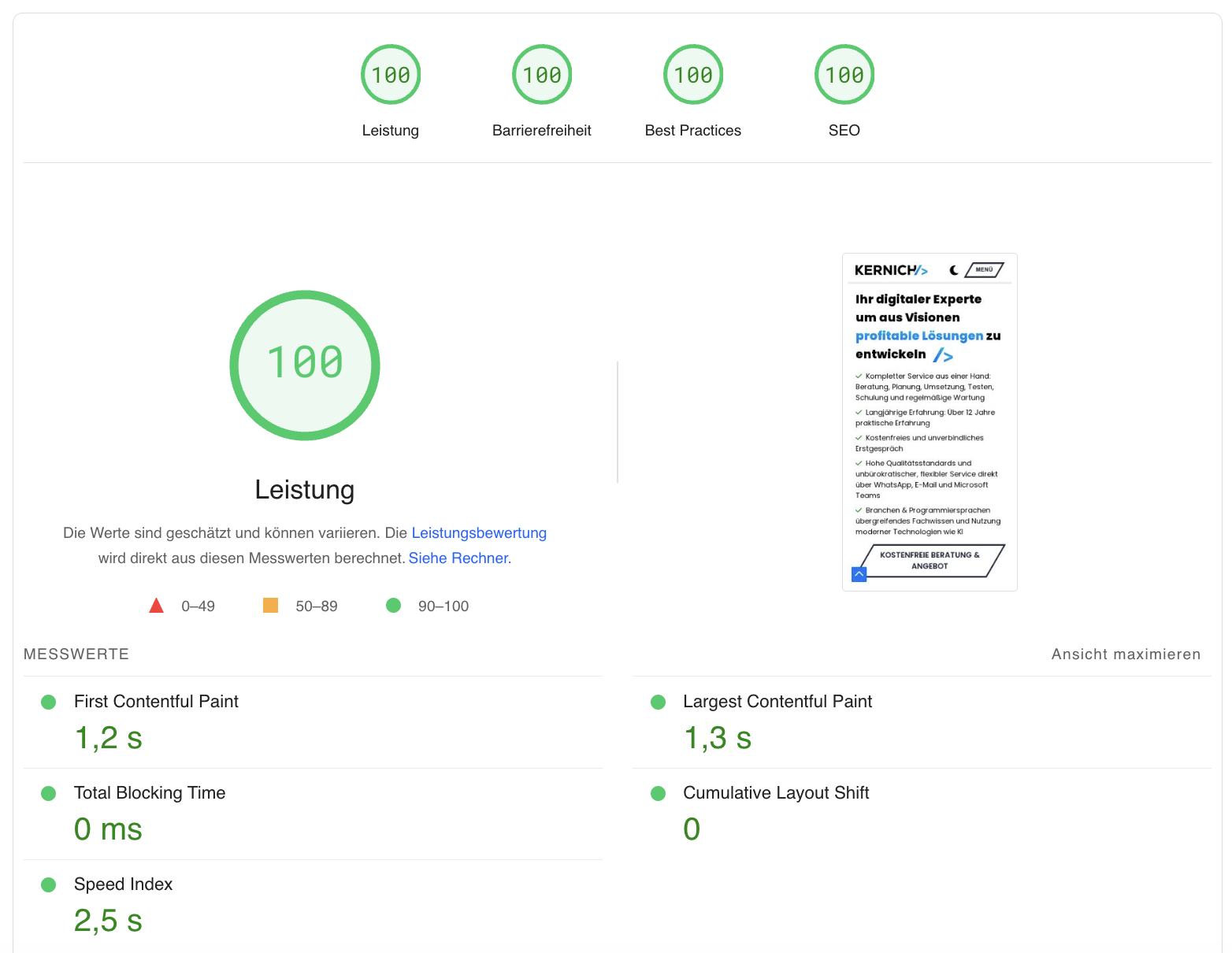 Google PageSpeed Ergebnis von kernich.de
